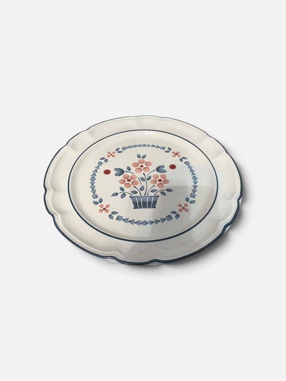 Scalloped Ceramic Platter with Blue Trim and Coral Floral Basket
